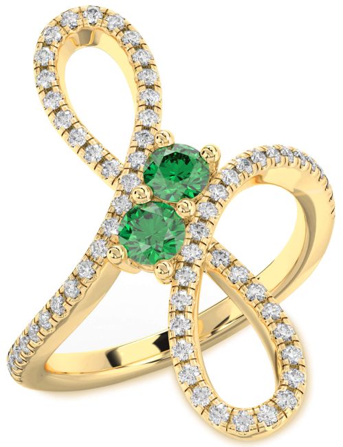 Diamond Emerald Gold Infinity Round Two Stone Birthstone Ring
