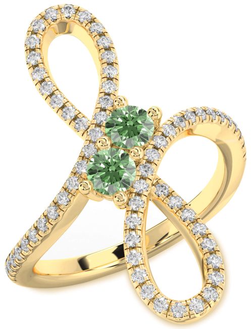 Green Diamond Gold Silver Infinity Round Two Stone Ring