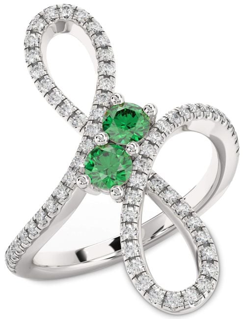 Diamond Emerald Silver Infinity Round Two Stone Birthstone Ring