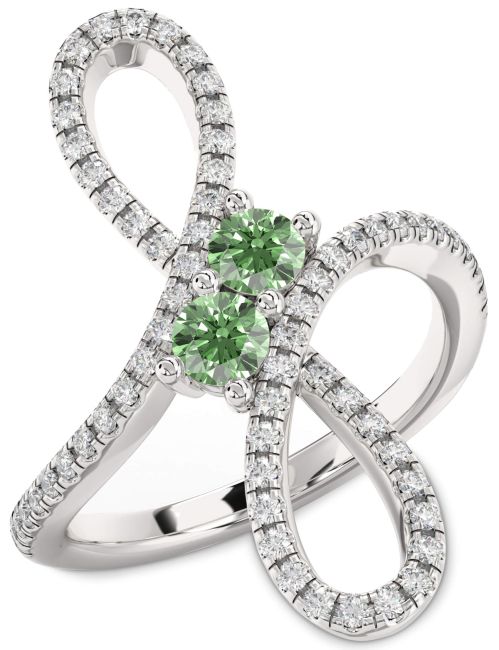 Green Diamond Silver Infinity Round Two Stone Ring