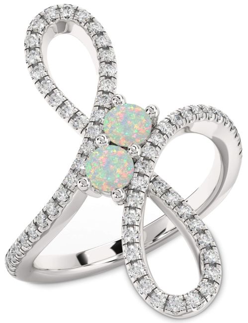 Diamond Opal Silver Infinity Round Two Stone Birthstone Ring