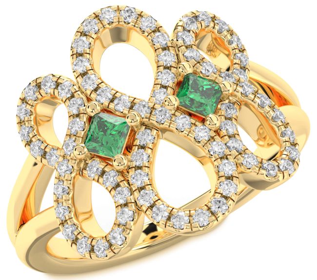 Diamond Emerald Gold Infinity Princess Two Stone Birthstone Ring