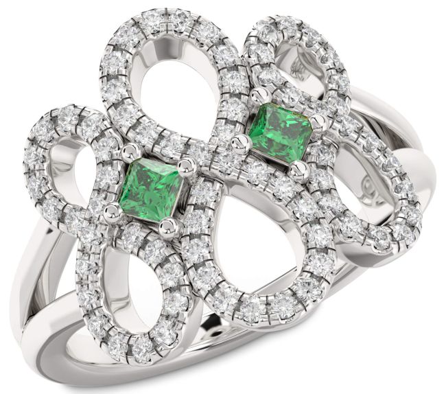 Diamond Emerald Silver Infinity Princess Two Stone Birthstone Ring
