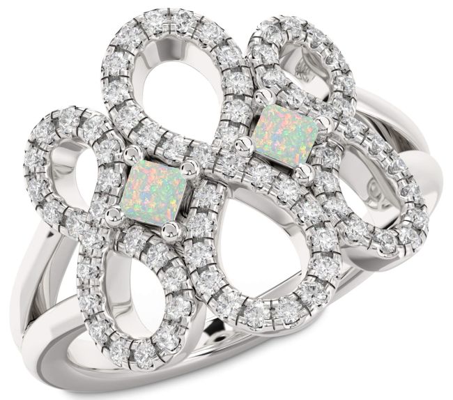 Diamond Opal Silver Infinity Princess Two Stone Birthstone Ring