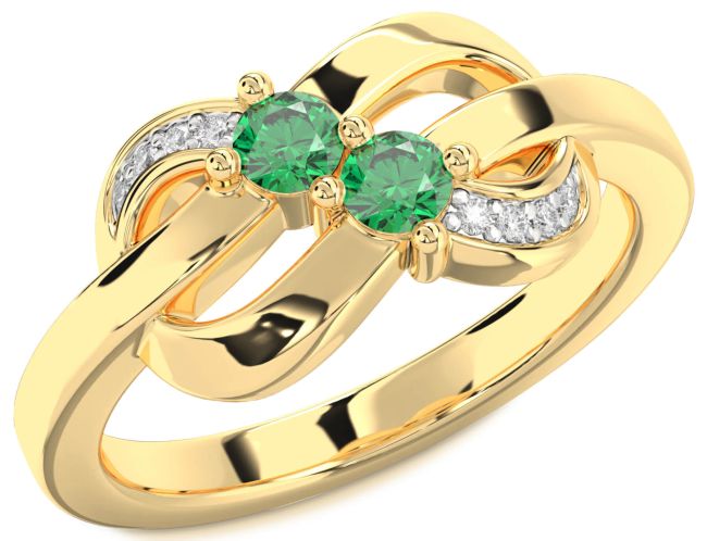 Diamond Emerald Gold Knot Round Two Stone Birthstone Ring