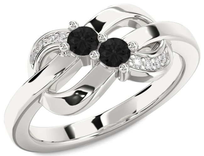 Black Diamond Silver Knot Round Two Stone Ring