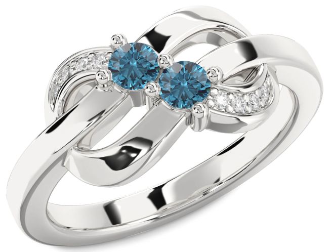 Blue Diamond Silver Knot Round Two Stone Ring