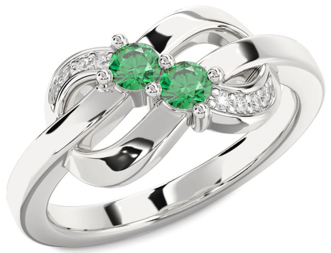 Diamond Emerald Silver Knot Round Two Stone Birthstone Ring