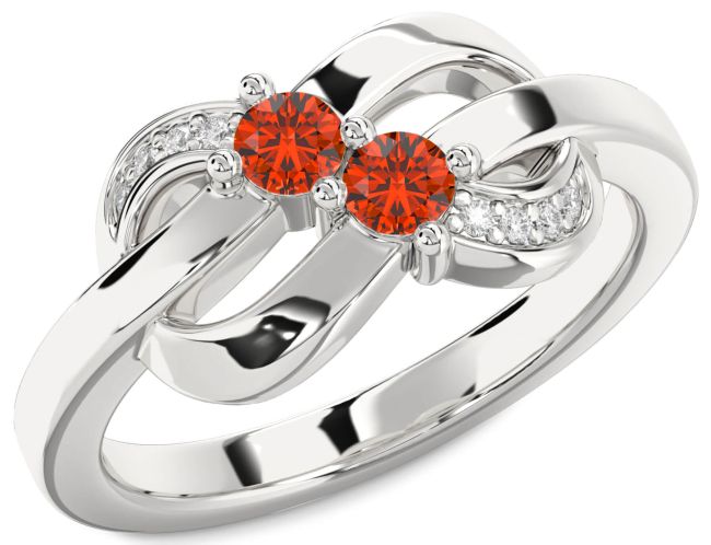 Diamond Fire Opal Silver Knot Round Two Stone Ring