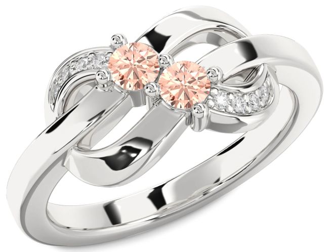 Diamond Morganite Silver Knot Round Two Stone Ring