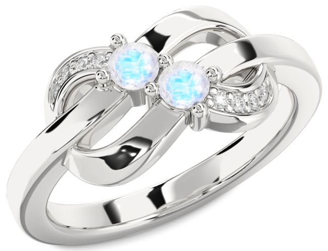 Diamond Moonstone Silver Knot Round Two Stone Ring