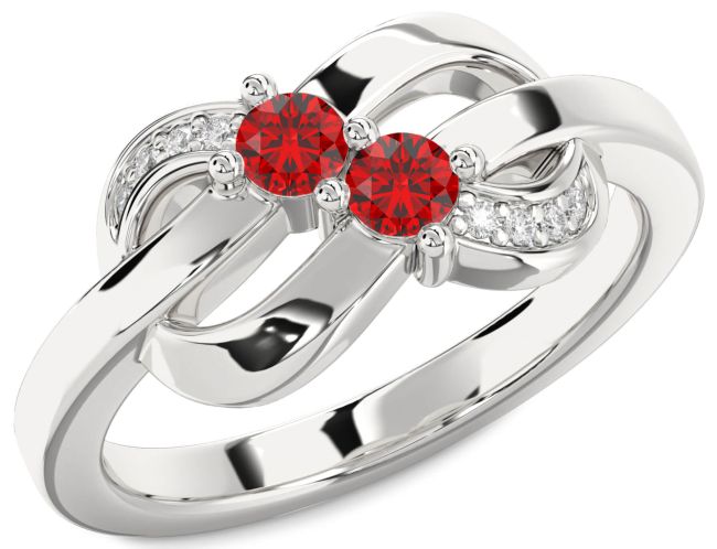 Diamond Ruby Silver Knot Round Two Stone Birthstone Ring