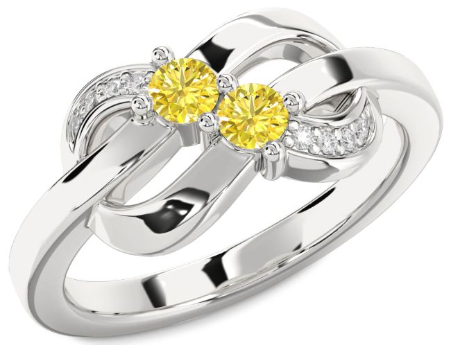 Yellow Diamond Silver Knot Round Two Stone Ring
