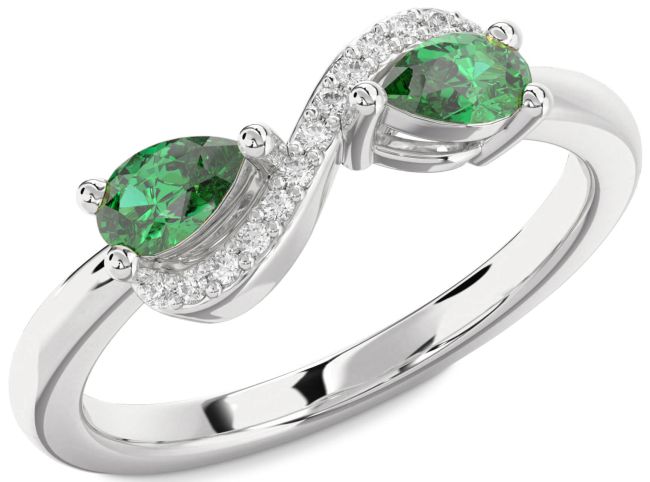 Diamond Emerald Silver Infinity Pear Two Stone Birthstone Ring