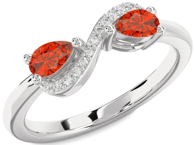 Diamond Fire Opal Silver Infinity Pear Two Stone Ring