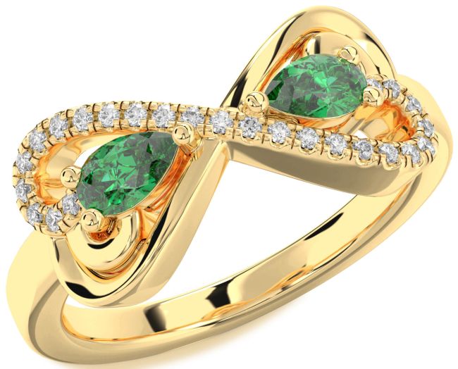 Diamond Emerald Gold Heart Infinity Two Stone Birthstone Ring