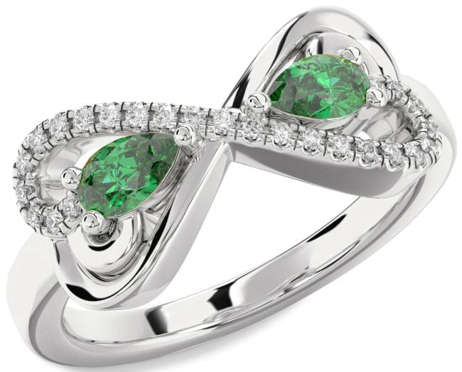 Diamond Emerald Silver Heart Infinity Two Stone Birthstone Ring