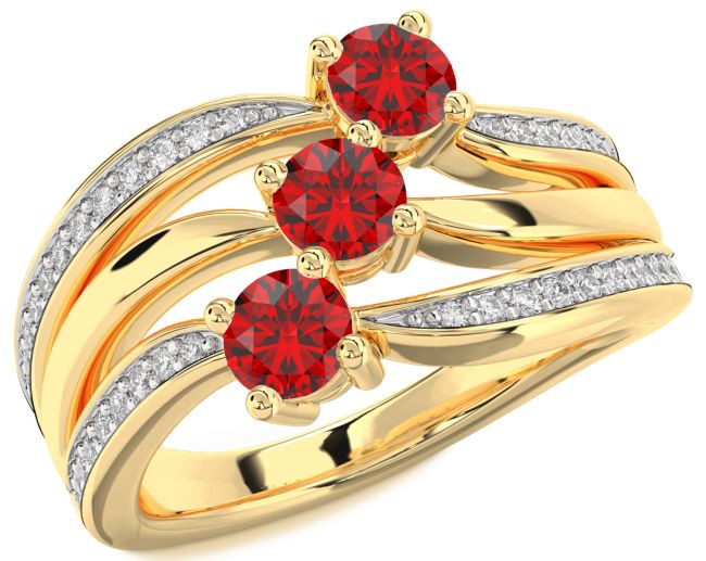 Diamond Ruby Gold Round Three Stone Birthstone Ring