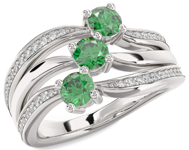 Diamond Emerald Silver Round Three Stone Birthstone Ring