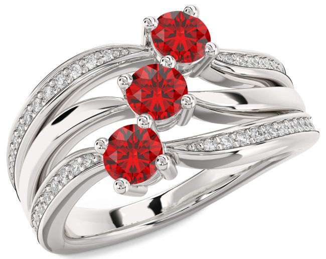 Diamond Ruby Silver Round Three Stone Birthstone Ring