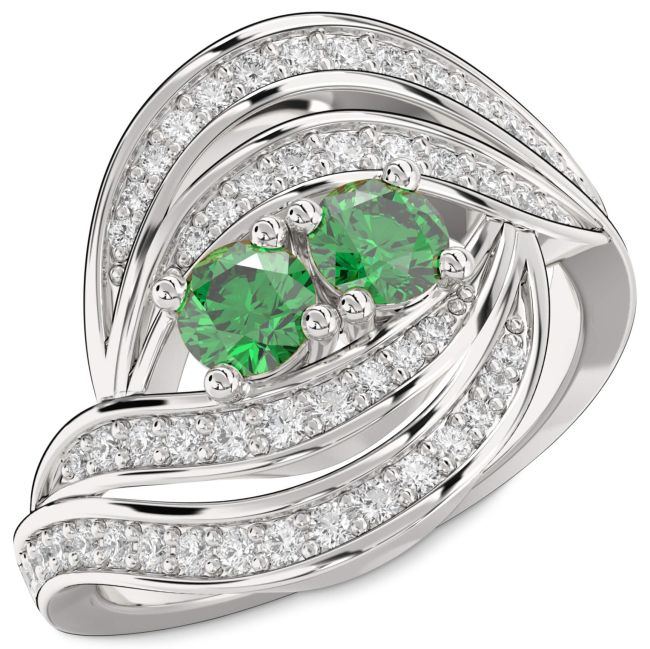 Diamond Emerald Platinum Round Two Stone Birthstone Ring