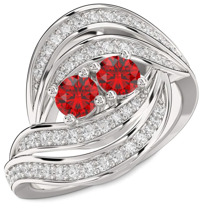 Diamond Ruby Silver Round Two Stone Birthstone Ring