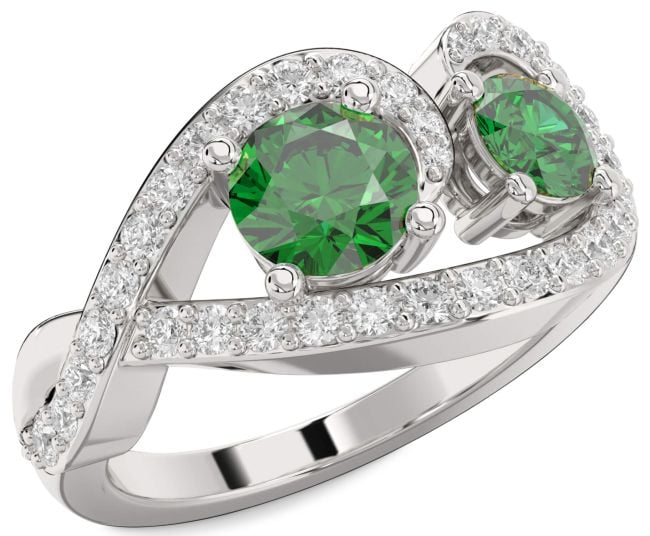 Diamond Emerald Silver Round Two Stone Birthstone Ring