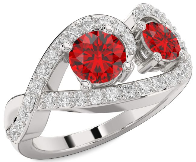Diamond Ruby Silver Round Two Stone Birthstone Ring