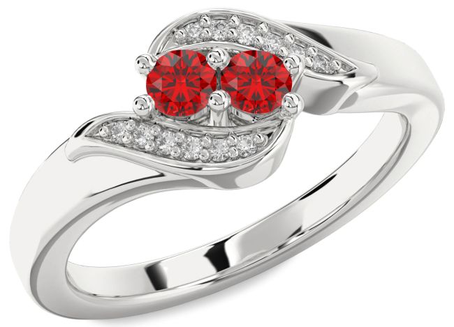 Diamond Ruby Silver Round Two Stone Birthstone Ring