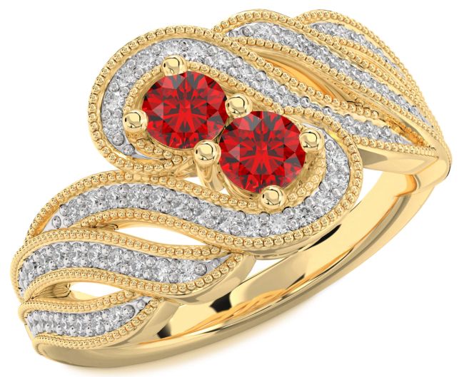 Diamond Ruby Gold Round Two Stone Birthstone Ring