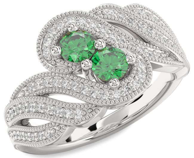 Diamond Emerald Silver Round Two Stone Birthstone Ring