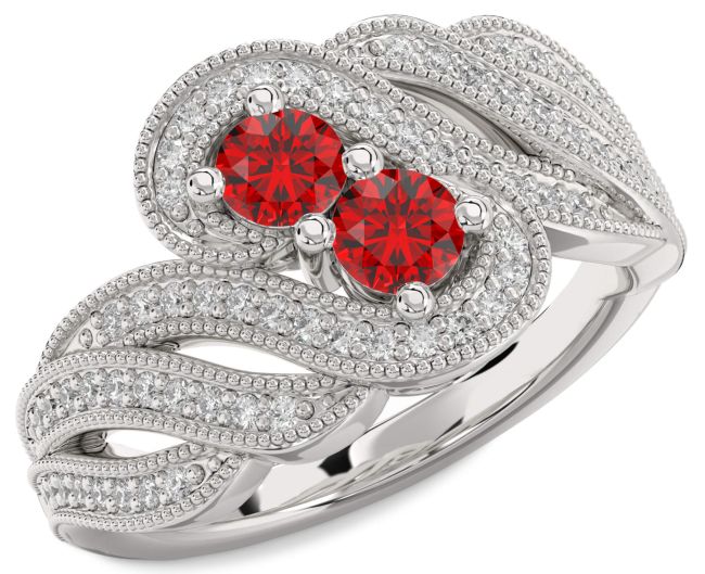 Diamond Ruby Silver Round Two Stone Birthstone Ring