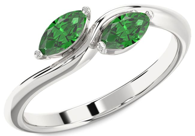 Emerald Silver Marquise Two Stone Birthstone Ring
