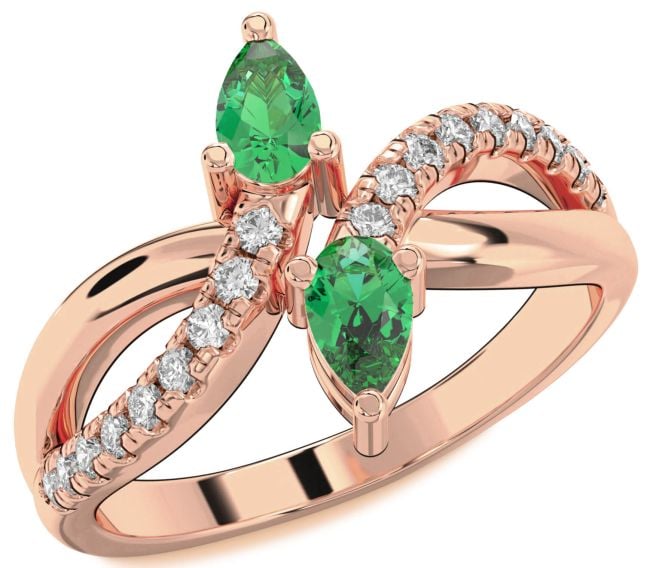 Diamond Emerald Rose Gold Infinity Pear Two Stone Birthstone Ring
