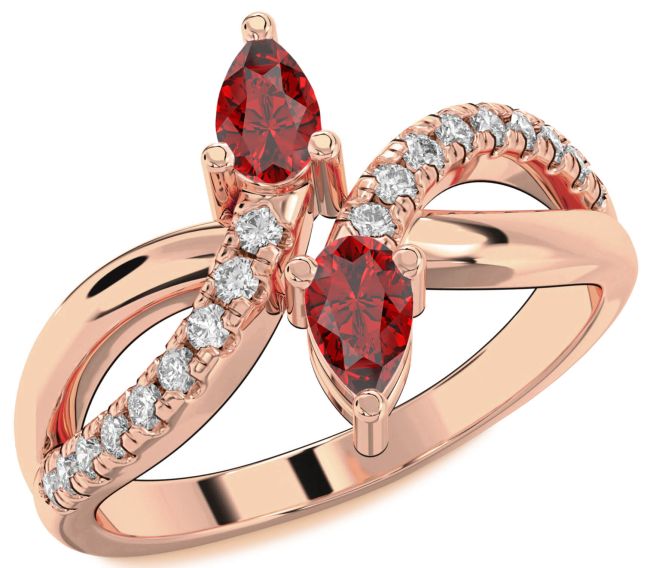 Diamond Ruby Rose Gold Silver Infinity Pear Two Stone Birthstone Ring