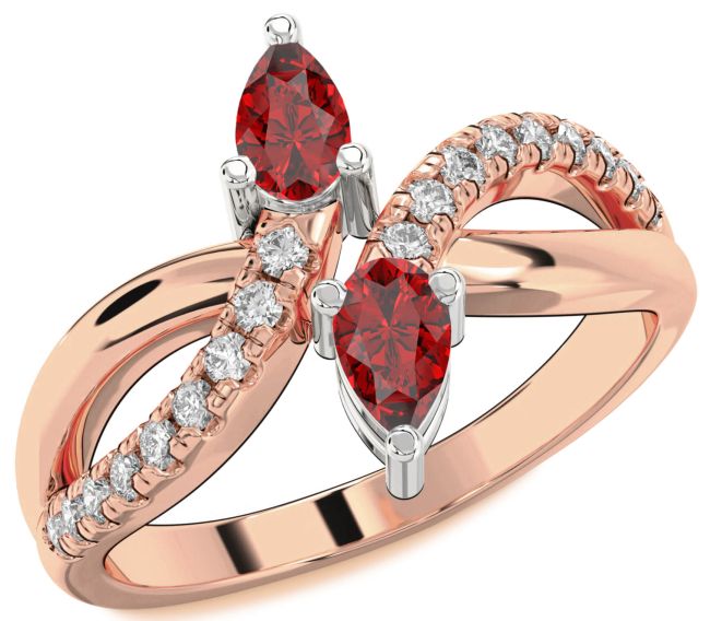 Diamond Ruby Rose Gold Silver Infinity Pear Two Stone Birthstone Ring