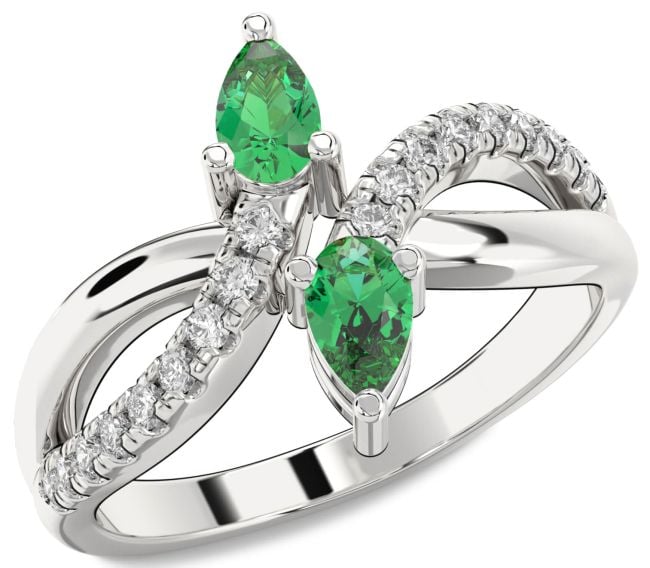 Diamond Emerald Platinum Infinity Pear Two Stone Birthstone Ring