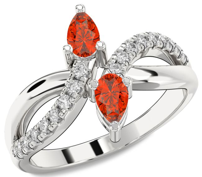 Diamond Fire Opal Silver Infinity Pear Two Stone Ring