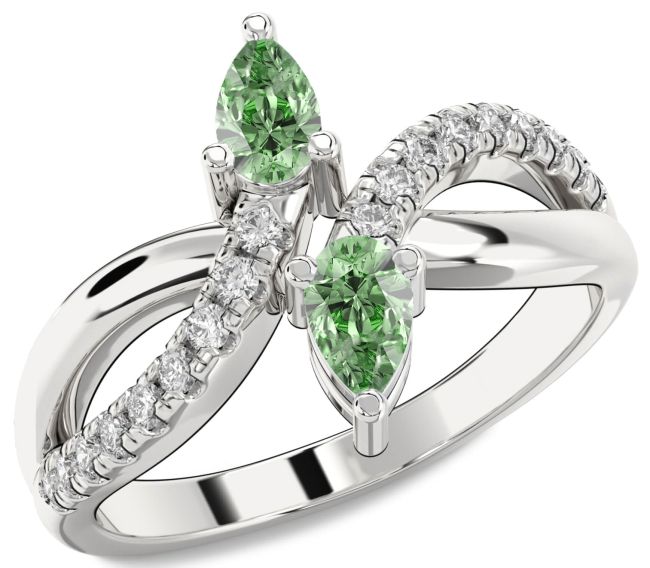 Green Diamond Silver Infinity Pear Two Stone Ring