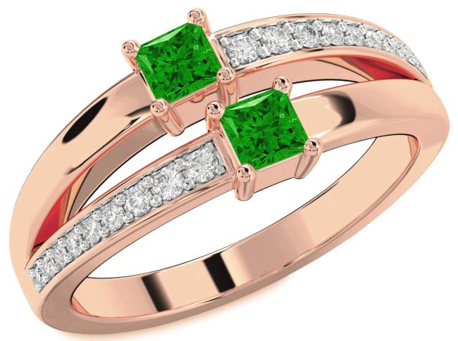 Diamond Emerald Rose Gold Princess Two Stone Birthstone Ring