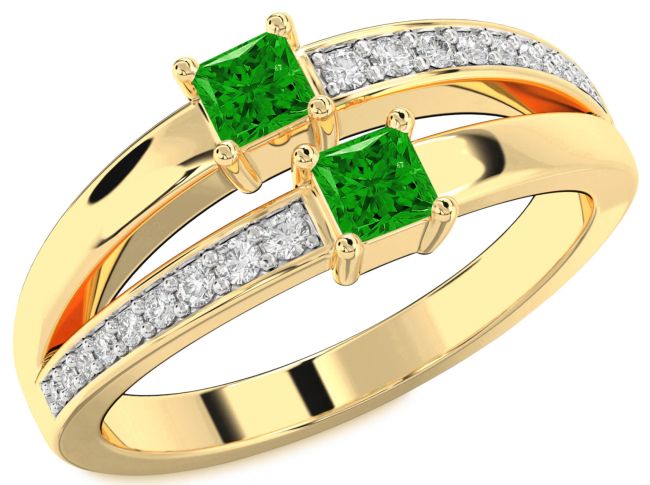 Diamond Emerald Gold Silver Princess Two Stone Birthstone Ring