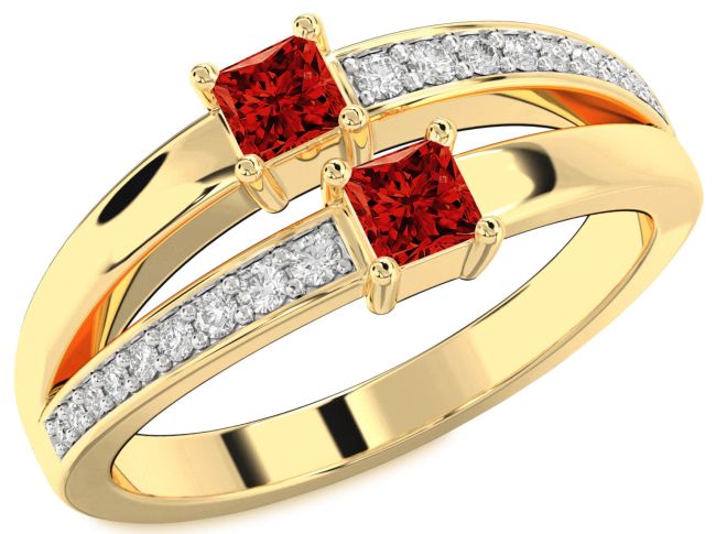 Diamond Ruby Gold Princess Two Stone Birthstone Ring