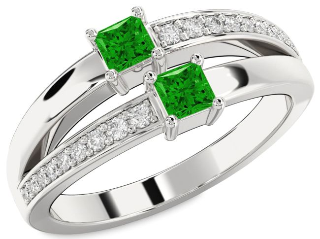 Diamond Emerald White Gold Princess Two Stone Birthstone Ring