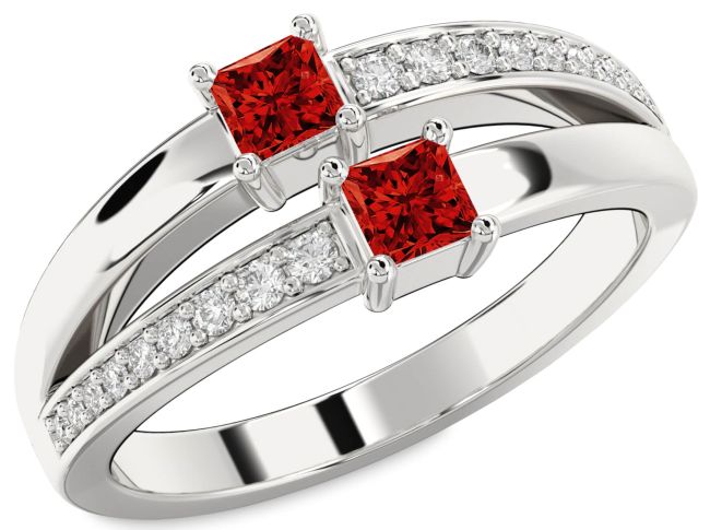 Diamond Ruby White Gold Princess Two Stone Birthstone Ring