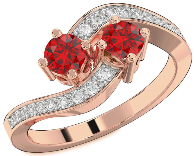 Diamond Ruby Rose Gold Silver Round Two Stone Birthstone Ring