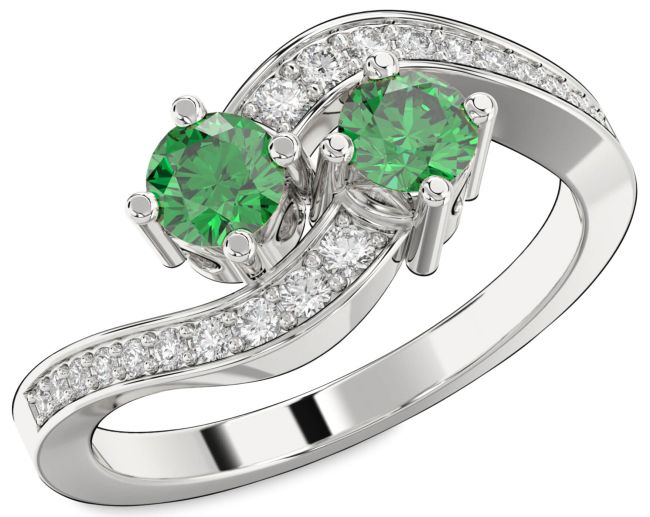 Diamond Emerald Silver Round Two Stone Birthstone Ring