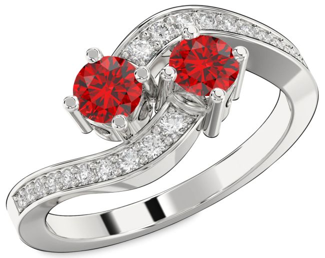 Diamond Ruby Platinum Round Two Stone Birthstone Ring