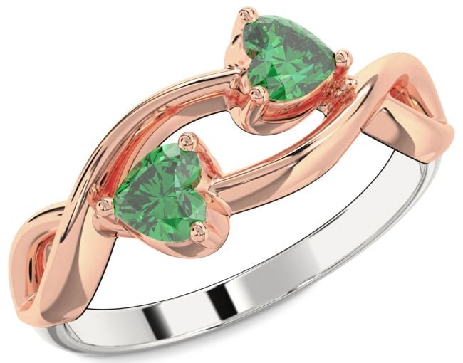 Emerald White Rose Gold Infinity Two Heart Birthstone Ring