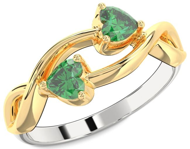 Emerald Platinum & Yellow Gold Infinity Two Heart Birthstone Ring