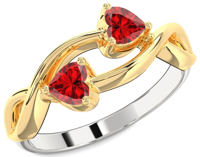 Ruby White Yellow Gold Infinity Two Heart Birthstone Ring